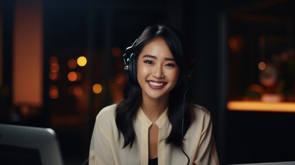 an Asian creative female vlogger engaged in a live video conference call, 