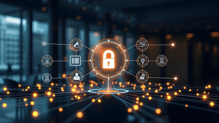 Lock Icon cyber security of digital data network protection. High speed connection data analysis. Technology data network conveying connectivity background concept.