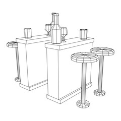 Bar counter with stools, bar top with bottles and glasses. Wireframe low poly mesh vector illustration.