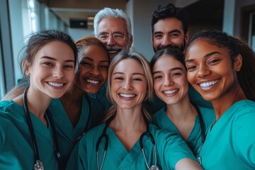 Selfie and hospital doctors, happy people or surgeon team smile on healthcare, medical photo or health services. Teamwork support, memory picture or group face of diversity medicare, Generative AI