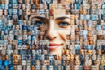 Collage portrait of multiracial smiling different business people. A lot of happy modern people faces in mosaic collection. Successful business, career, diversity, Generative AI