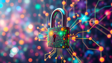 Lock Icon cyber security of digital data network protection. High speed connection data analysis. Technology data network conveying connectivity background concept.