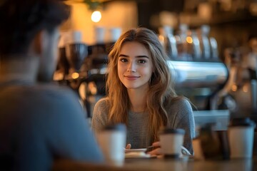 Fototapeta premium A young woman gazes warmly at her date in a cozy, low-lit cafe, capturing the essence of connection and romance. 