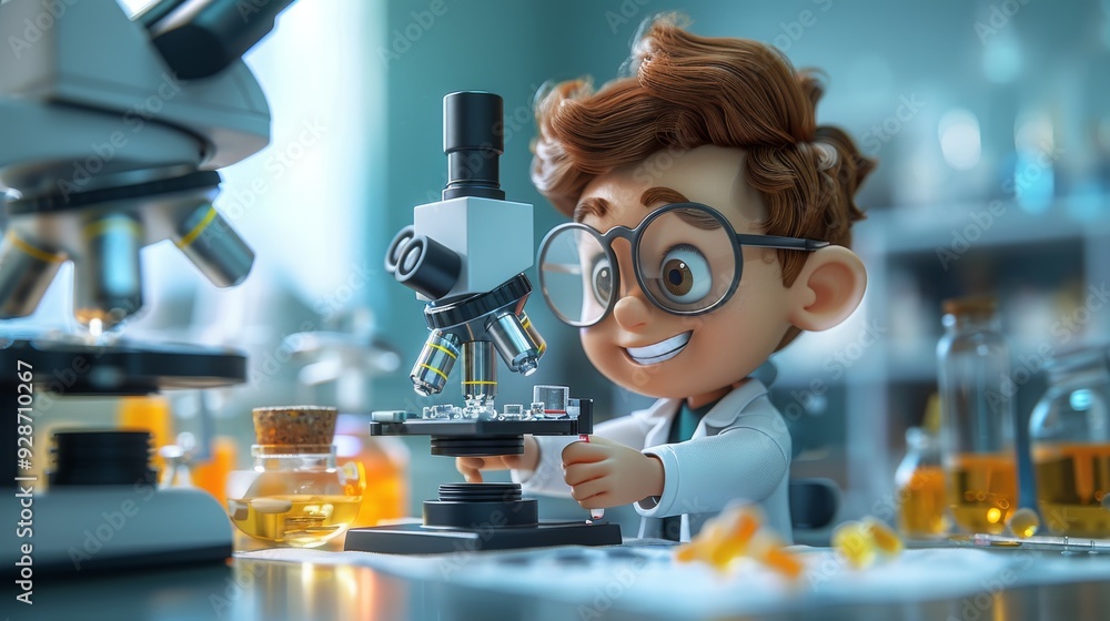 Poster cartoon 3d scientist using a microscope to examine samples