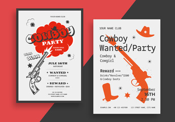 Cowboy Party Poster Template with Red Color Accents and Revolver