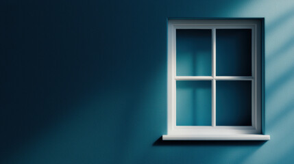 Obraz premium Minimalist design featuring a white window frame casting shadows on a blue wall. Natural light and shadows create a serene atmosphere.