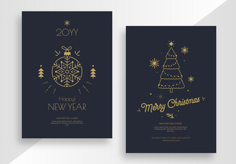 New Year and Christmas Greeting Cards with Gold and Blue Accent