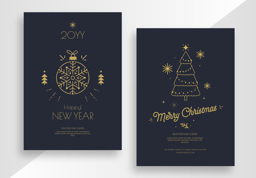 New Year and Christmas Greeting Cards with Gold and Blue Accent