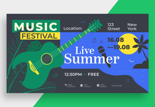 Summer Music Festival Media Banner Template with Guitar