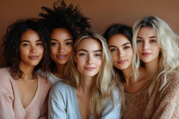 Fototapeta premium Diverse women in casuals sitting on brown background. Multi-ethnic group of females looking at camera in studio, Generative AI