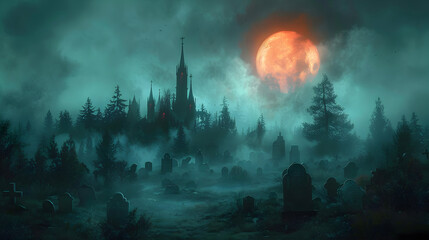 Fototapeta premium A graveyard on Halloween with ghostly apparitions and eerie mist rising from the ground 