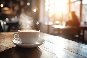 Fototapeta premium Steaming Cup of Latte Art on a Wooden Table in a Cafe