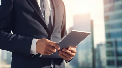 Confident business executive in a tailored blazer, using a tablet computer 