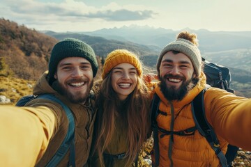 Happy tourists friends making selfie in mountains area, Generative AI