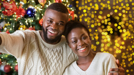 Fototapeta premium Capturing happy moments. Joyful african american couple taking selfie with Christmas tree on background, celebrating xmas or new year