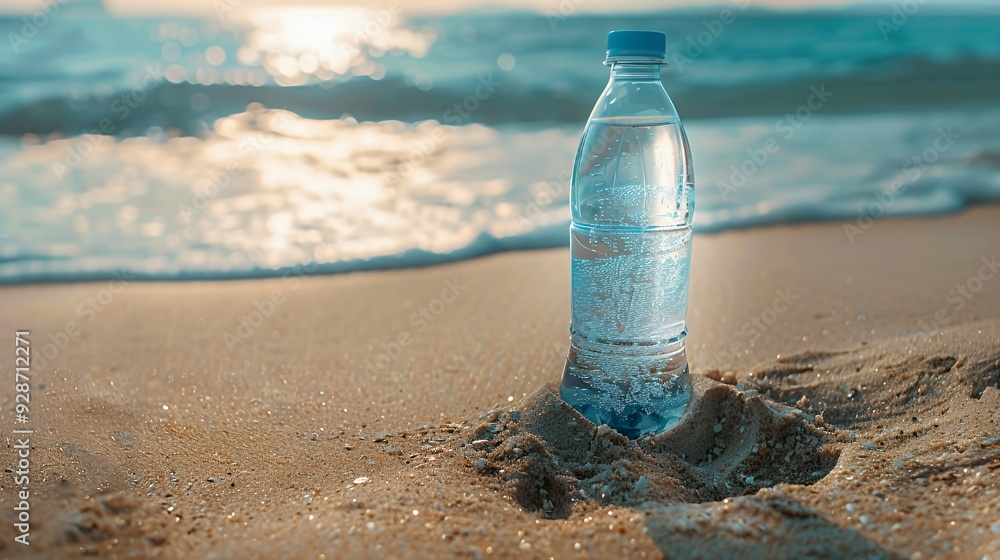 Wall mural a plastic water bottle half buried in the sand on a beach with the ocean in the background.