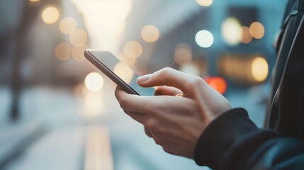 Hands of a person using a smartphone, with sharp focus on the hands and device on a softly blurred background. Concept of communication and influence of mobile technologies in modern society.