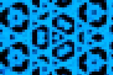 A blue and black pixelated pattern of a leopard. The pattern is made up of squares and circles