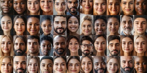 Large collage, portrait of multiracial smiling different business people. A lot of happy modern people faces in mosaic collection. Successful business, team, career, diversity, Generative AI