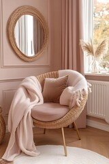 Wicker Chair With Pink Cushions and Blanket in Cozy Living Room