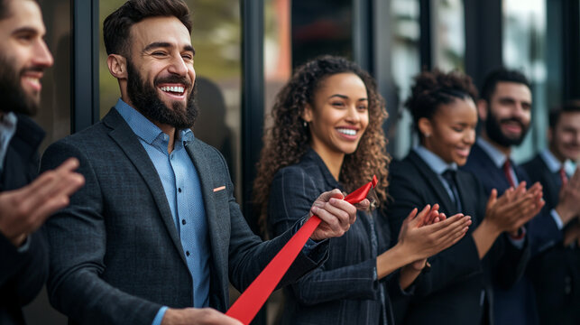 A group of businessmen cutting a red ribbon.
