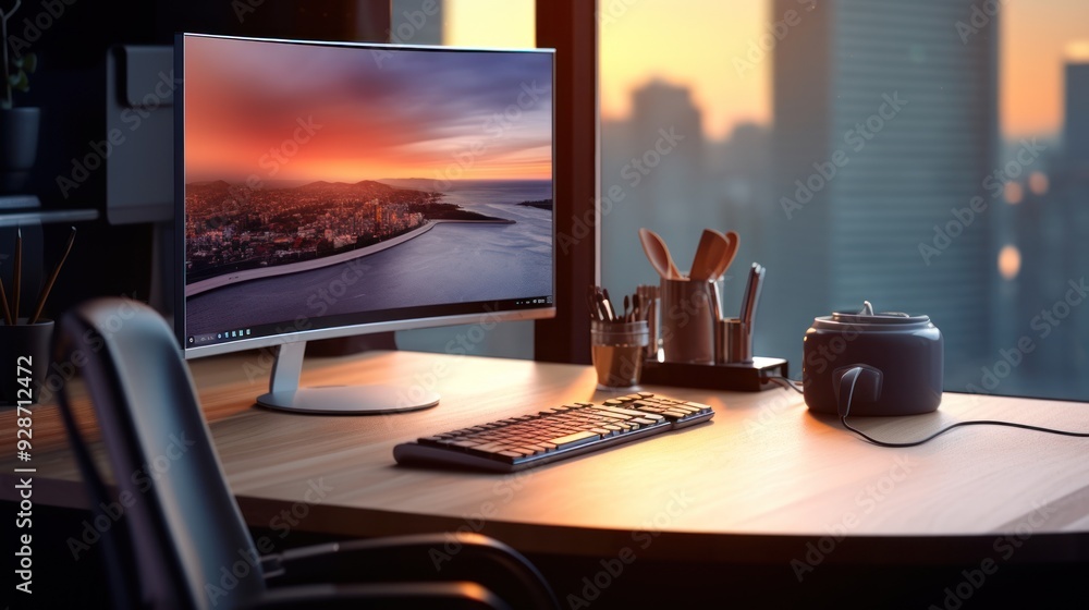 Poster contemporary work environment featuring a desktop computer with a large curved monitor,