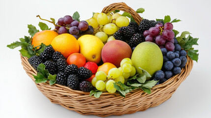 Composition with various fruits in a wicker basket isolated on a white background