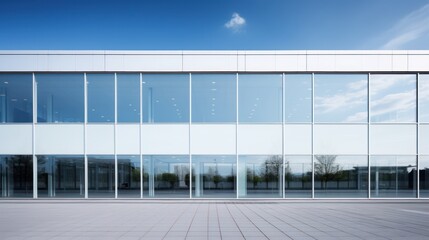 office building with a minimalist exterior featuring large windows and smooth surfaces. 