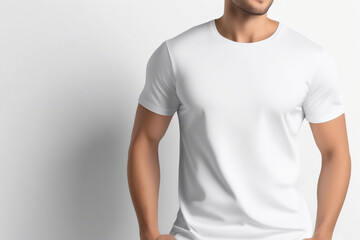 Man wearing a white t-shirt, isolated on white background.