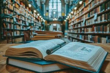 The well-lit, expansive, and beautifully organized library with rows of shelves filled with books offers an inviting space for reading and research