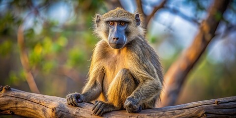 Fototapeta premium The Inquisitive Gaze of a Baboon on a Branch, Close-up Portrait, Golden Hour Light, Primate, Africa, Wildlife , baboon