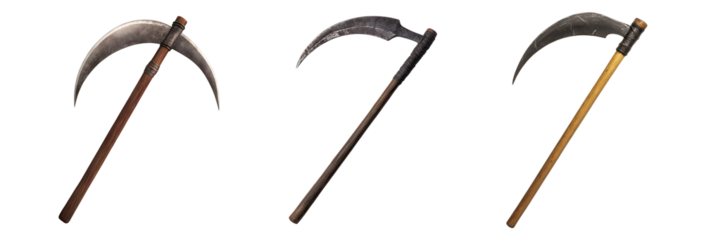 reapers scythe with a long curved blade and wooden handle on isolated background
