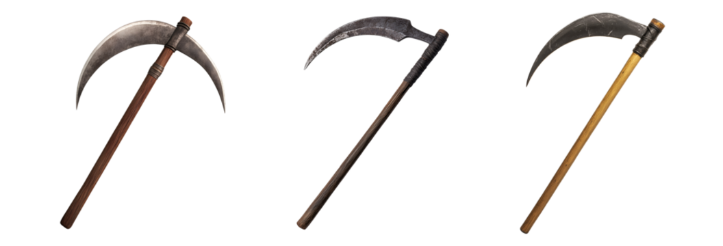 reapers scythe with a long curved blade and wooden handle on isolated background
