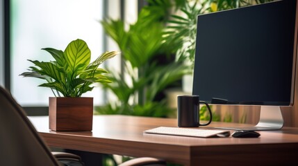 Fototapeta premium desktop computer on a polished wooden desk. 