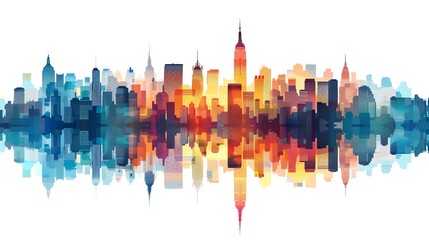 A vibrant, colorful cityscape skyline with a reflection in water.  The city is filled with tall buildings and a variety of colors.  Perfect for urban design and city life projects.