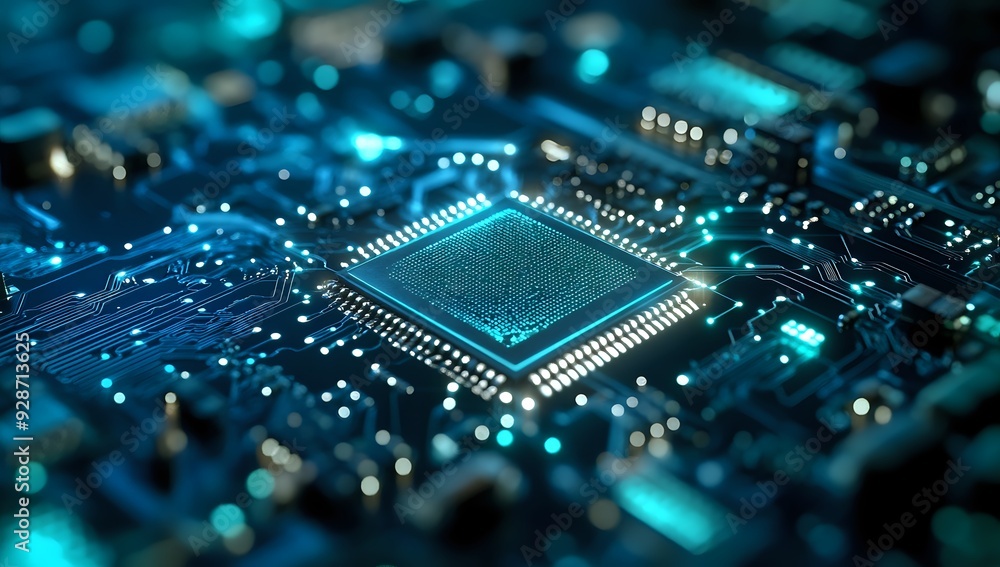 Poster the glowing heart of technology: a close-up view of a computer chip on a circuit board