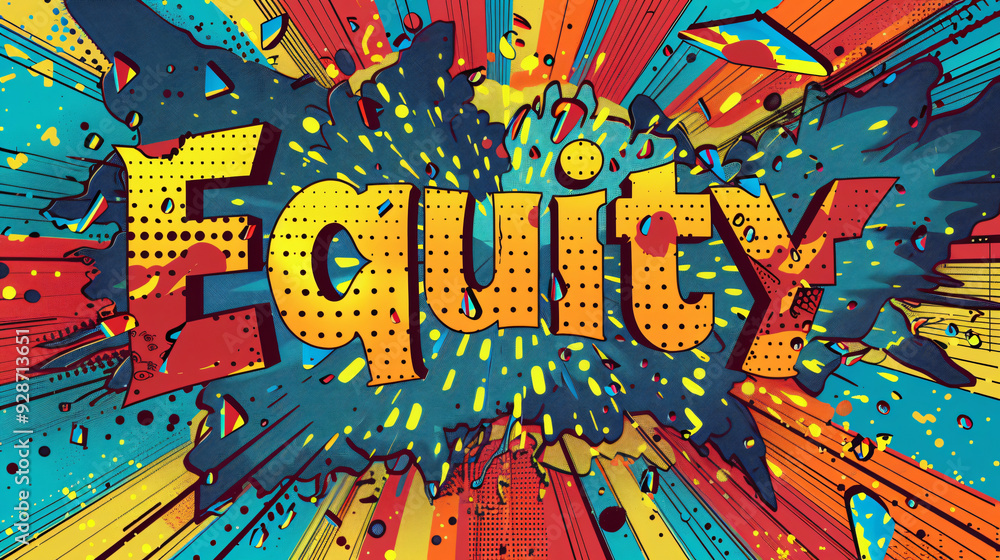 Poster equity word exploding in a colorful comic book style making a powerful equality concept