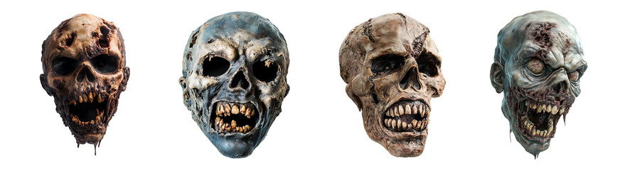 Naklejka premium rotting zombie mask with decayed skin and menacing teeth on isolated background 