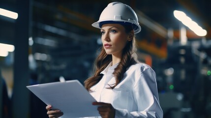 Female engineer in uniform with a protective helmet examining technical blueprints 