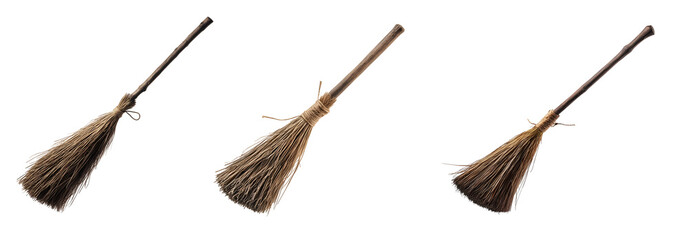 witch's broomstick with wooden handle on isolated background
