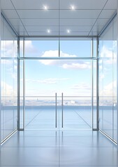 Modern Glass Doors  Open to City Skyline View
