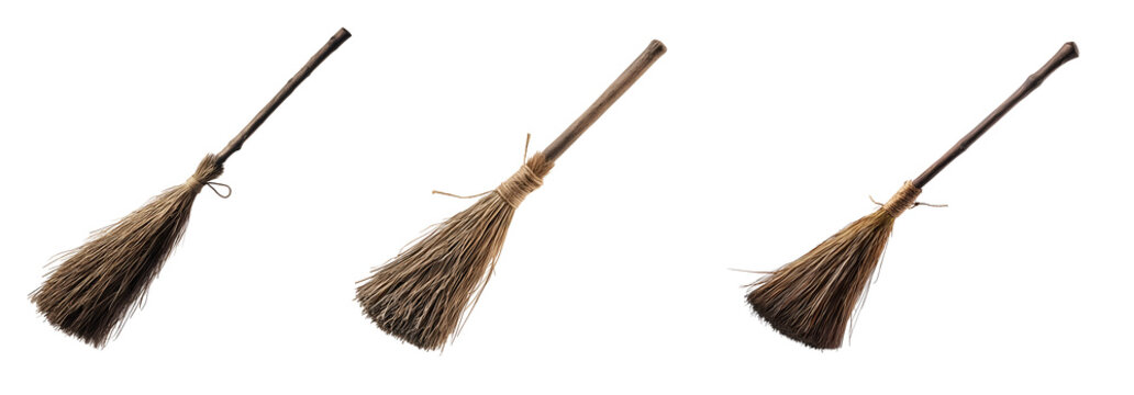 witch's broomstick with wooden handle on isolated background
