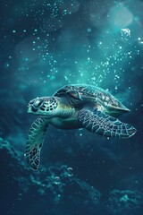 Fototapeta premium Sea turtle swimming in blue water