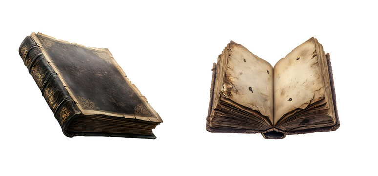 ancient spellbook with worn pages on isolated background
