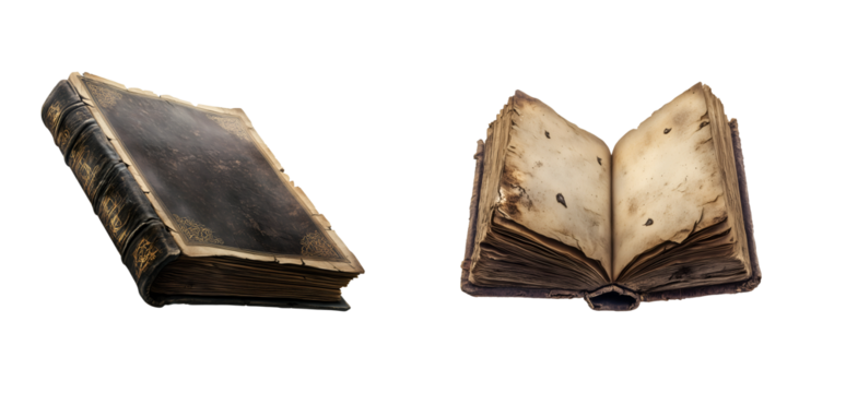 ancient spellbook with worn pages on isolated background
