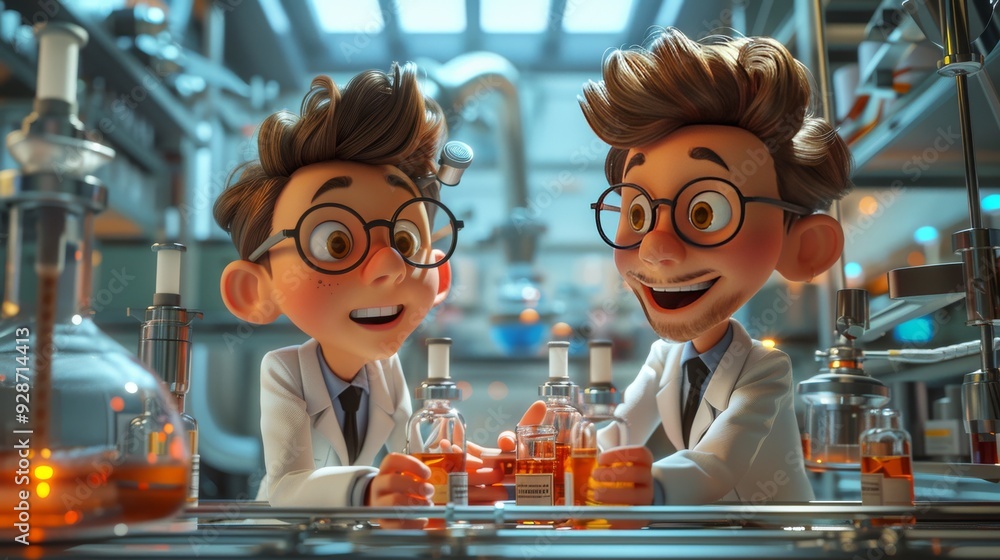 Poster cartoon 3d physicists setting up a complex experiment with equipment