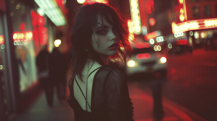 Goth styled brunette female Portrait, city street fashion and make-up style shoot. Gothic, Goth, Emo, New Wave, Dark style fashion. Dark smokey make-up, red lipstick. Dramatic. Elegant.
