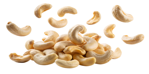 Flying Delicious Cashew Nuts Isolated on Transparent Background