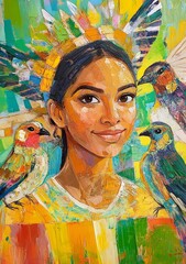 Fototapeta premium Woman with Birds, Oil Painting Art