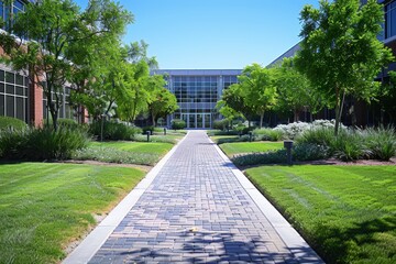 A beautifully landscaped corporate courtyard featuring lush greenery, modern architecture, and a paved walkway basking under a clear blue sky